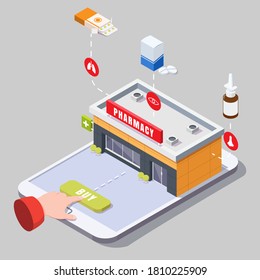 Ilustración vectorial de concepto de farmacia en línea y farmacia en farmacia. Edificio de farmacia isométrica, botella de medicinas, píldoras en la pantalla del smartphone. Compra en línea de medicamentos para pacientes, medicamentos recetados.