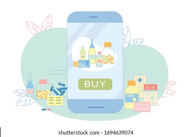 Online-Apotheke in elektronischen Geräten, Illustration. Medikamente, Tabletten, Pillen, Spray, Apothekenkarte verbreitet sich um große Smartphones. Bequeme Anwendung für die Bestellung von Arzneimitteln.