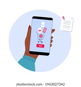 Online pharmacy. Female hand is holding smartphone with app to buy pills. Mobile service for purchasing medicines