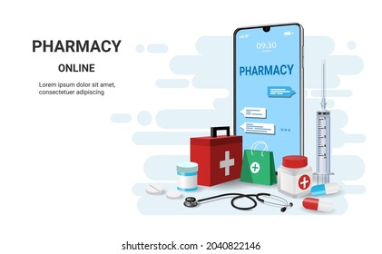 Online pharmacy with first aid kit and other medical equipment. Medicine Ordering Mobile App. Concept of healthcare, drugstore and e-commerce. 3d vector illustration