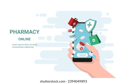 Online pharmacy with first aid kit on mobile. Medicine Ordering Mobile App. Concept of healthcare, Online diagnostics, Online medical consultation, drugstore and e-commerce. 3d vector illustration