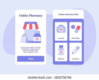 Online pharmacy first aid phill tablet medicine treatment for mobile apps template banner page UI with two variations