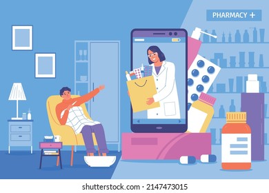 Online pharmacy flat background with male person with cold in home interior and health care application on smartphone vector illustration