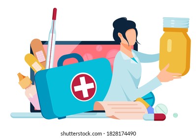 Online pharmacy flat cartoon illustration. Telemedicine banner. Hospital web design. Drug store background.