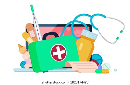 Online pharmacy flat cartoon illustration. Telemedicine banner. Hospital web design. Drug store background.