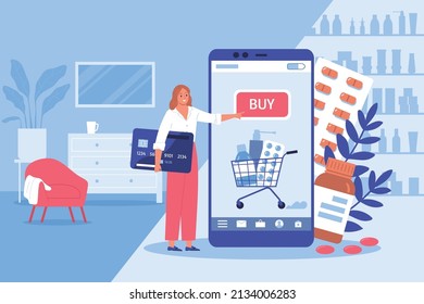 Online pharmacy flat design concept with small female character near big mobile phone with internet pharmacy shopping app vector illustration