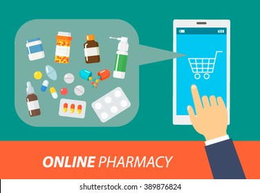 Online Pharmacy In The Flat Style Isolated. Vector Illustration