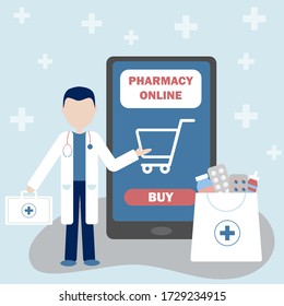 
Online pharmacy. Flat vector illustration of smartphone and paper bag with medicines. Online doctor's consultation. Buy medicines online.