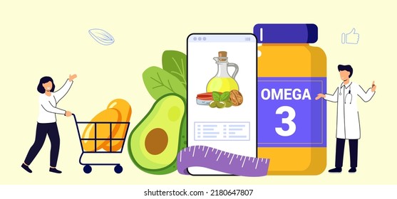 Online pharmacy flat vector illustration Drugstore vitamins and supplements online Home delivery pharmacy service Medical supplies and pills Omega 3 fat  Natural organic nourishment Food supplement