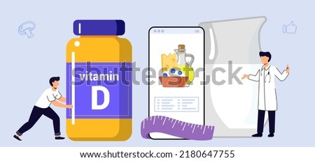 Online pharmacy flat vector illustration Drugstore vitamins and supplements online Home delivery pharmacy service Medical supplies and pills Vitamin D Natural organic nourishment Food supplement