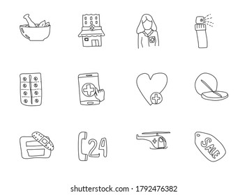 online pharmacy hand drawn linear vector icons isolated on white background. online pharmacy doodle icon set for web and ui design, mobile apps and print products