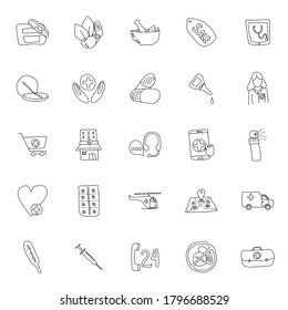 online pharmacy hand drawn linear doodles isolated on white background. online pharmacy icon set for web and ui design, mobile apps and print products