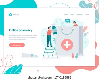 Online pharmacy. Home delivery drugs. Medical flat vector illustration. Web page design template. 