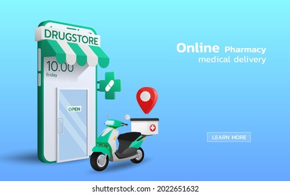 Online Pharmacy With Home Delivery Service In 3d Perspective Vector Design. New Technology, Deliver By Scooter Bike, Fast, Safe And Provide Convenience To Customers Who Use The Service.