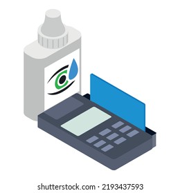 Online Pharmacy Icon Isometric Vector. Bottle With Eye Drop, Credit Card Reader. Healthcare, Pharmacology, Pharmaceutical Concept