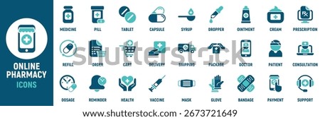 Online pharmacy icon set. Containing pill, tablet, capsule, prescription, order, cart, delivery, package, doctor, patient and more. Solid vector icons collection