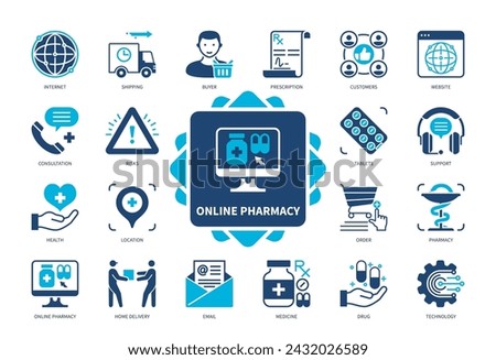 Online Pharmacy icon set. Pharmacy, Order, Home Delivery, Website, Consultation, Medicine, Shipping, Drug. Duotone color solid icons