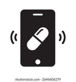 Ícone de farmácia online com um smartphone e pílula simbolizando o serviço de telemedicina e a entrega de prescrição e aplicação de saúde móvel para o vetor de medicação ícone de glifo sólido