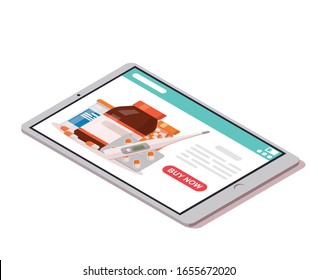 Online pharmacy icon. Vector isometric illustration include tablet with opened online pharmacy on the screen and button to buy. Isolated on white.