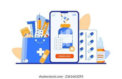 Online pharmacy illustration with medical elements: syringe, thermometer, pills, ointment, pipettes, mercury and electronic thermometers, cough syrup, inhaler, ampoules, anti-stuffy nose. svg