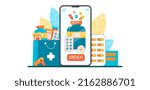 Online pharmacy illustration. Smartphone with ordering  medical supplies, bottles and pills. Drug store online application concept. Pharmacy purchases. Vector  illustration