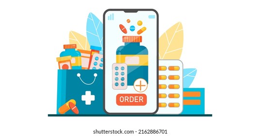 Online pharmacy illustration. Smartphone with ordering  medical supplies, bottles and pills. Drug store online application concept. Pharmacy purchases. Vector  illustration