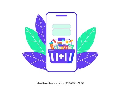 Online Pharmacy Illustration. Smartphone With Shopping Basket, Medical Supplies, Bottles Liquids And Pills. Drug Store Web Page Concept. Pharmacy Purchases. Vector  Illustration