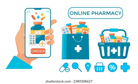 Online pharmacy illustration.Hand holding Smartphone with a bottle with a bottle of pills.Shopping basket and bag with medical supplies. Drug store online application concept, online order. Vector