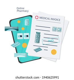Online-Apotheke, Rechnung oder Zahlung. Liste der Drogen und Quittung auf dem Telefon Bildschirm. Elektronisches, medizinisches Dokument, Preisliste der Tabletten, Kapseln und Pillen. Vektorgrafik