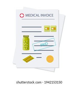 Online pharmacy, invoice, price list with a stamp: Paid. Drug List or Purchase Receipt. Paper medical document, with tablets, capsules and pills. Vector