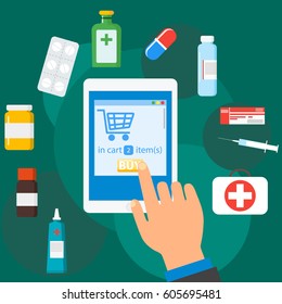 online pharmacy isolated vector illustration in flat style. Colored flat pharmacy online composition with isolated icon set of medicines and medical tools with drug tablets droplets in online store.