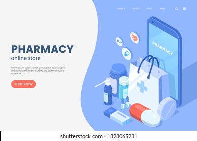 Online pharmacy isometric illustration. Smartphone with shopping bag, medical supplies, bottles liquids and pills. Drug store web page concept. Pharmacy purchases. Vector eps 10.
