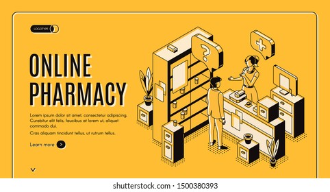 Online pharmacy isometric web banner. Customer communicate with pharmacist at counter desk in drugstore with medicine lying on shelf. Healthcare business. 3d vector landing page in line art style