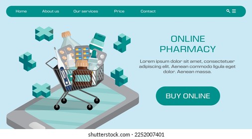 Online pharmacy landing. Drugs shop. Hand with phone. Hospital delivery of remedy pills. Drugstore website interface. Shopping cart on smartphone screen. Vector current design template