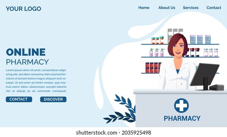 Online Pharmacy Landing Page Concept with Pharmacist in Drugstore Premium Vector