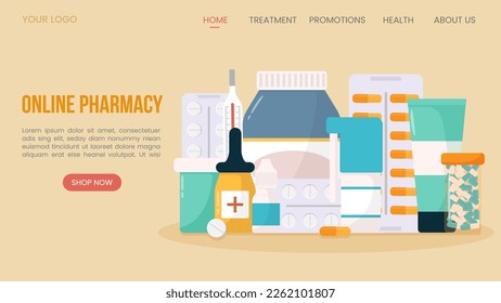 Online pharmacy landing page design.Web page template for online drugstore.Buy medicines and drugs online.Vector illustration