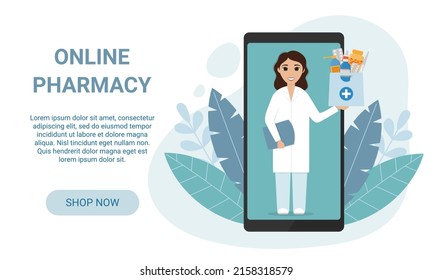 Online pharmacy landing page. Female pharmacist through the phone screen holds bag with medicines inside. Home delivery pharmacy service concept. Vector illustration