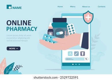 Online pharmacy, landing page template. Medical app drugstore, e-commerce. Hand holding various medication and pills. Cell phone with drug store online application concept, internet order. flat vector