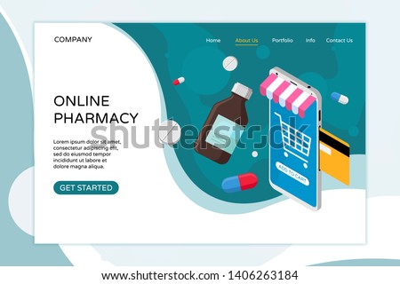 Online pharmacy landing page template. Buy medicaments and drugs online. Medical e-commerse web site design. Flat vector illustration for ui, mobile app, poster, banner, flyer