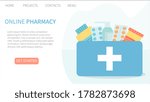 Online pharmacy landing page website template. Buying medicine online. Medical service. Delivery of pharmaceuticals. Pills, tablets, sprays and capsules. Medicine vector concept in flat design.