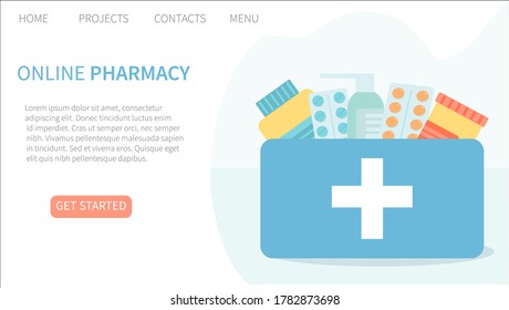 Online pharmacy landing page website template. Buying medicine online. Medical service. Delivery of pharmaceuticals. Pills, tablets, sprays and capsules. Medicine vector concept in flat design.