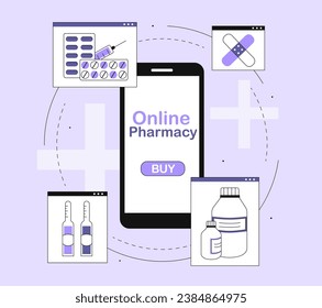 Online pharmacy line concept. Mobile application for delivery of pills and medicines. Health care and treatment of illnesses. Syringe, blister and patch. Linear flat vector illustration