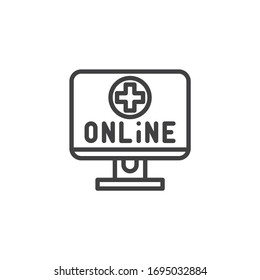 Online pharmacy line icon. linear style sign for mobile concept and web design. Computer display with medical cross outline vector icon. Symbol, logo illustration. Vector graphics