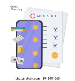 Online pharmacy, medical invoice or payment. List of drugs and receipt on the phone screen. Electronic, medical document, price list of tablets, capsules and pills. White background. Vector