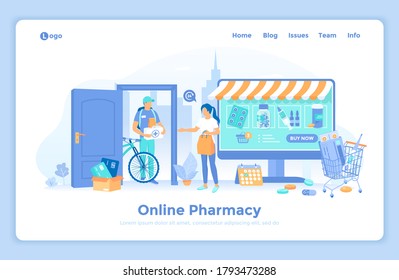 Farmacia en línea. Tienda médica en línea con entrega. Servicio de salud, aplicación de atención médica. La mujer pide medicamentos en un gran monitor. plantilla de diseño de página web de inicio decorada con caracteres de personas.