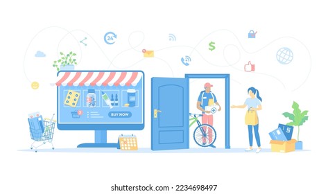 Online Pharmacy. Online medical store with delivery. Health service, medical care app. Woman orders medicines on a large monitor. Vector illustration flat style.