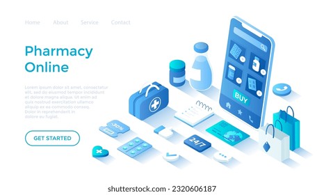 Online pharmacy, medical store. Health service, medical care app. Healthcare, doctor prescription, medicaments in drugstore. Landing page template for web on white background.	
