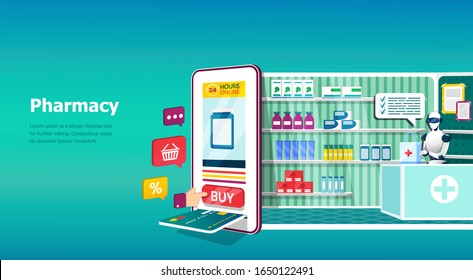 Интернет-аптека, магазин электронной коммерции, плоский дизайн Векторное изображение от ©PavelVinnik #340601918
