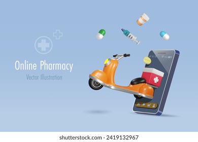 Farmacia en línea, servicio de entrega de medicamentos. Scooter en la aplicación para smartphones llevando una caja médica a un paciente. Entrega rápida en casa. Caricatura vectorial 3D.