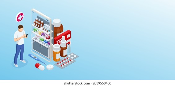 Online pharmacy and medicine with a medical app. Buying medicines online. Mobile service or app for purchasing medicines in online pharmacy drugstore.